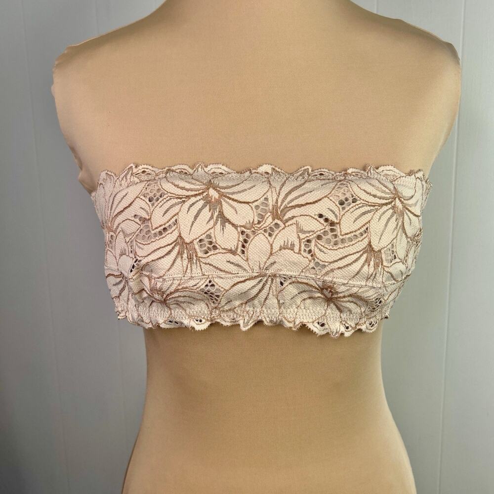 Aerie Real Good Strapless Lace Bandeau Bra 34A Underwire Beige Floral Beach Days